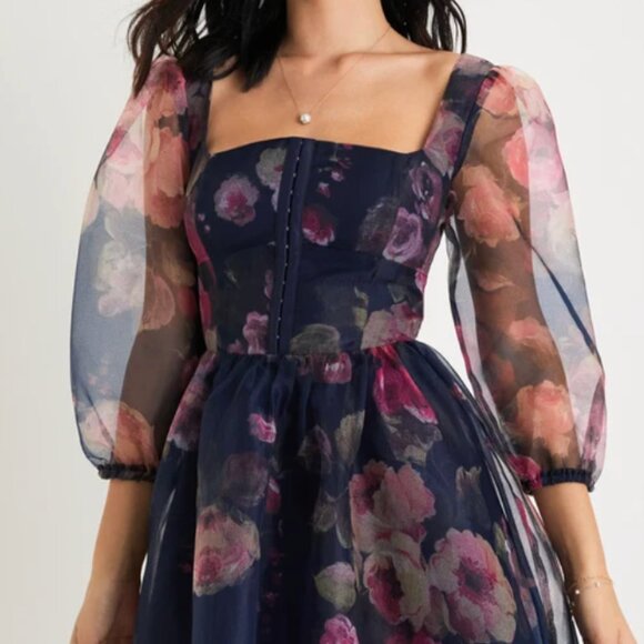 NWT LULUS Lovely Idea Navy Blue Floral 3-Quarter Sleeve Skater Dress | Size L - Picture 2 of 5